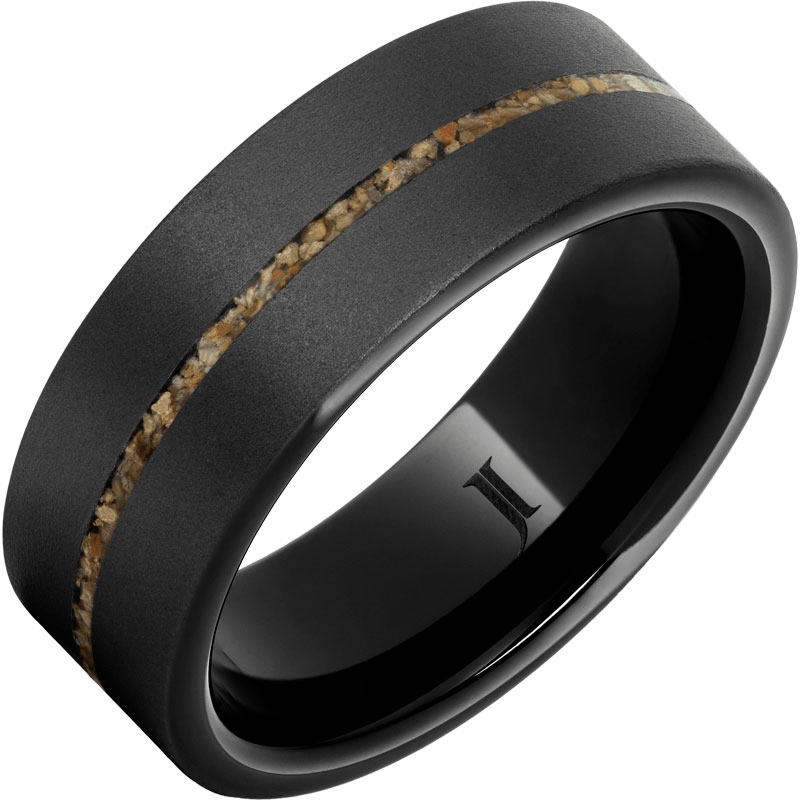 Black Ceramic Matte Comfort Fit 8mm Wedding Band with Brown Dinosaur Fossil Inlay