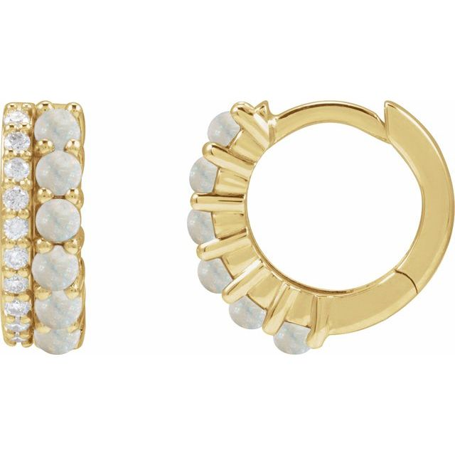 14K Yellow Gold Natural Diamond and Opal Hoop Earrings