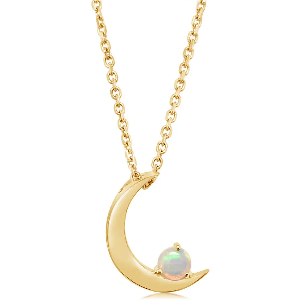 14K Yellow Gold Natural Opal Moon Pendant Necklace