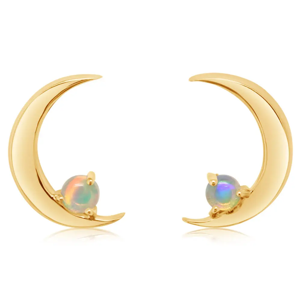 14K Yellow Gold Natural Opal Moon Stud Earrings