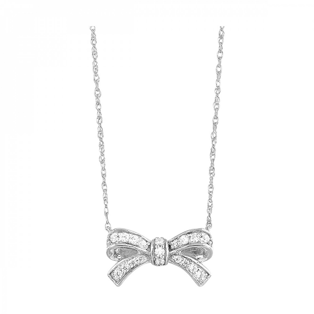 14K White Gold 0.14CTW. Natural Diamond Bow Pendant Necklace