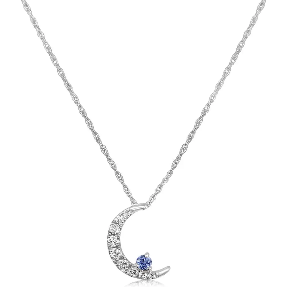 14K White Gold Natural Sapphire Moon Pendant Necklace