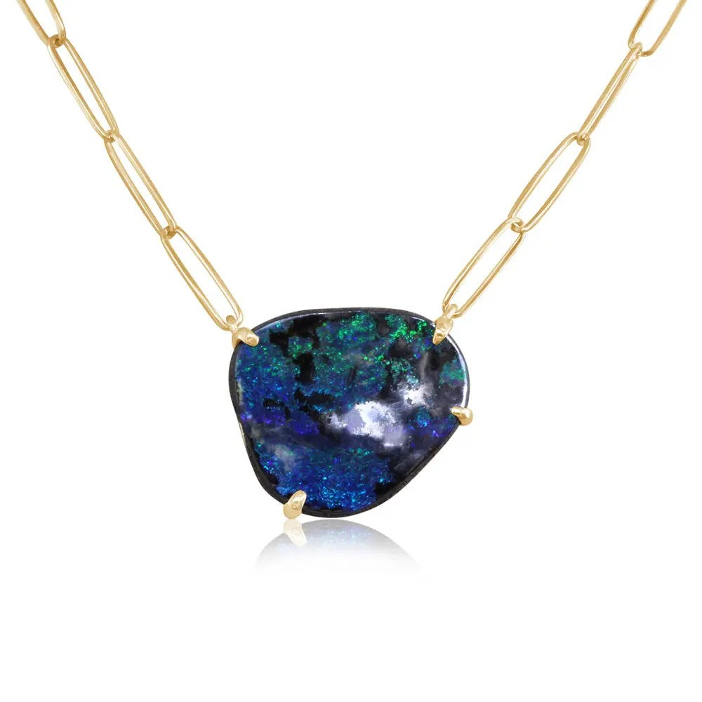 14K Yellow Gold Natural Opal Solitaire Pendant Necklace