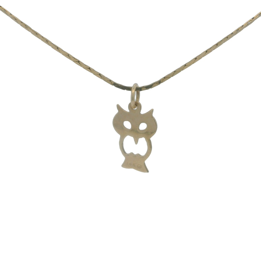 14K Yellow Gold Owl Themed Pendant Necklace