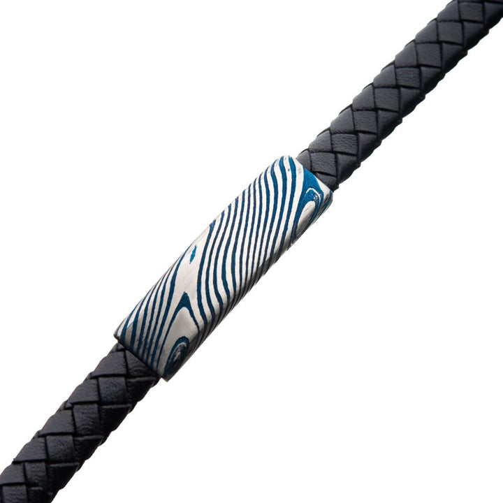 Black Leather Bracelet with Blue IP Damascus Steel Plate
