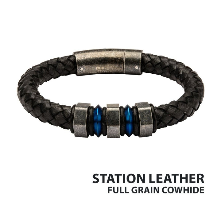 Black Braided Full Grain Cowhide Leather with Steel Blue IP & Gray Beads Bracelet