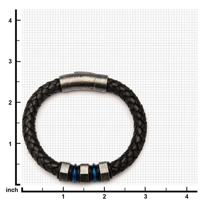 Black Braided Full Grain Cowhide Leather with Steel Blue IP & Gray Beads Bracelet