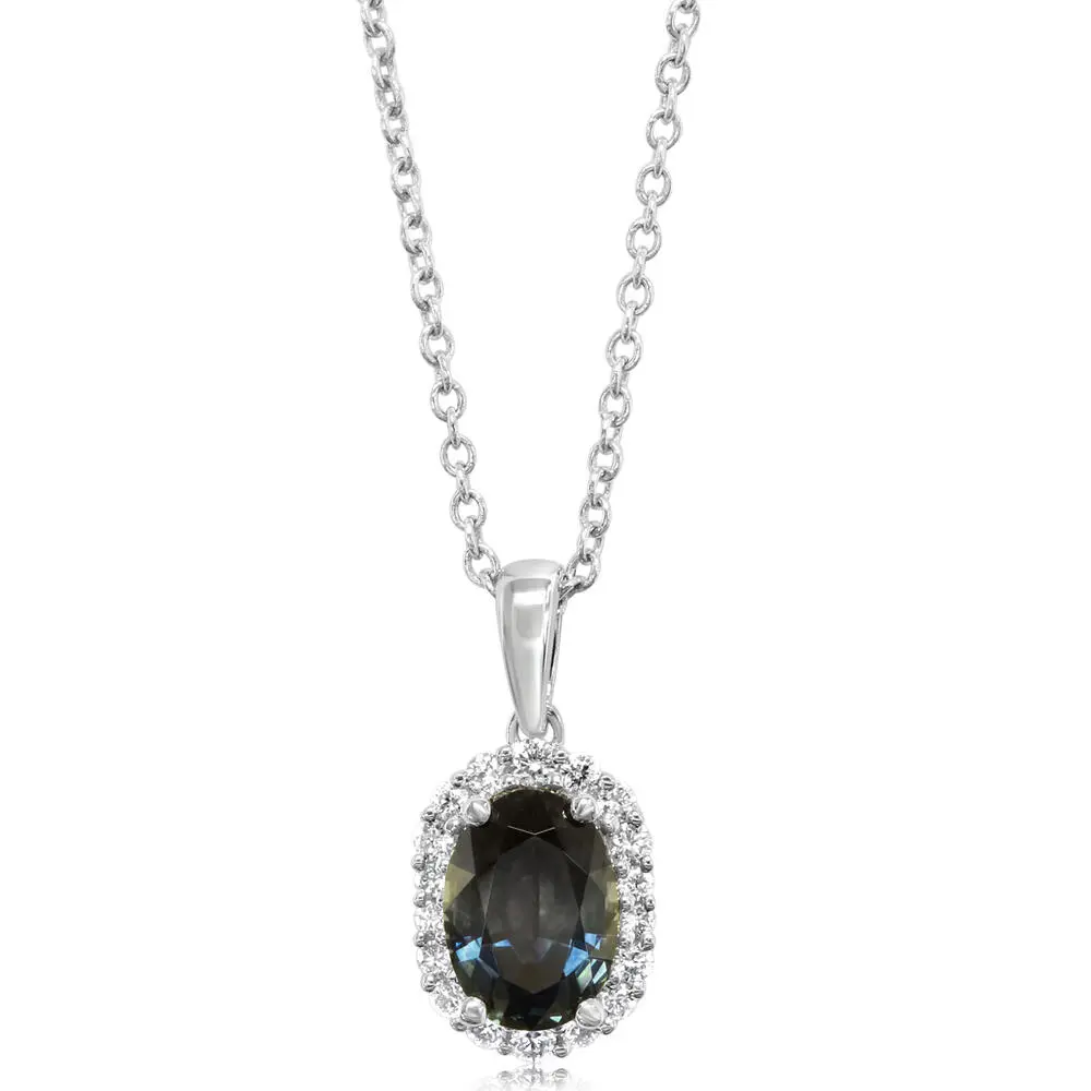 14K White Gold Natural Green Blue Montana Sapphire Halo Pendant Necklace