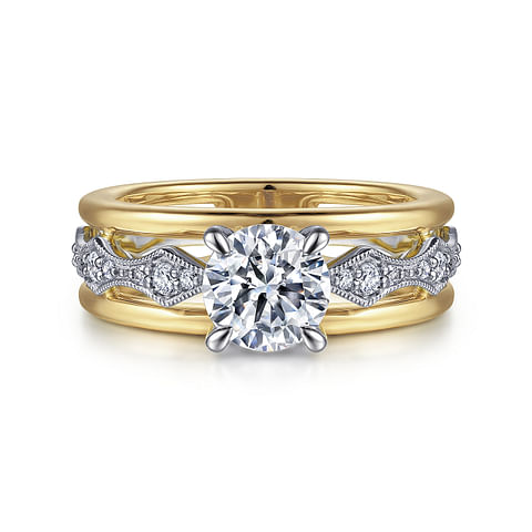 14K Two-Tone Wide Band Round Diamond Semi-Mount Ring .36CTW.
