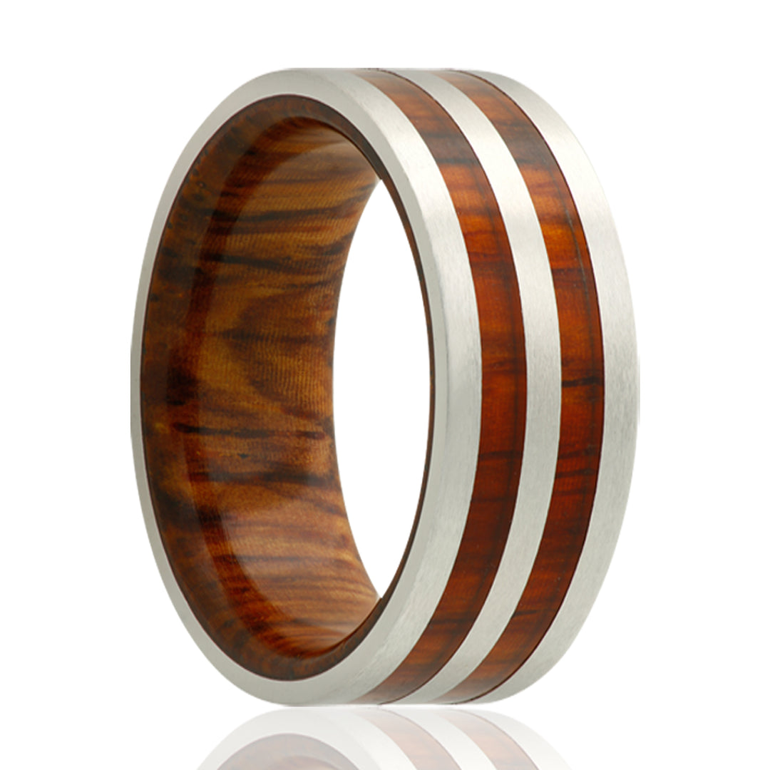 Silver Cobalt Double Wood Inlay Comfort Fit 8mm Wedding Band