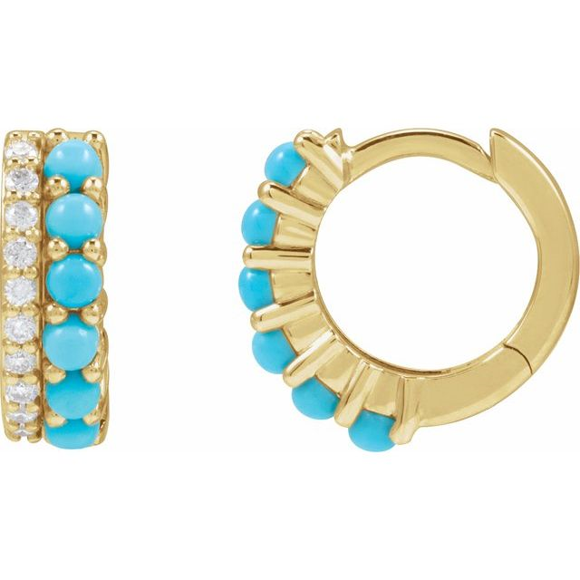 14K Yellow Gold Natural Turqouise and Diamond Hoop Earrings