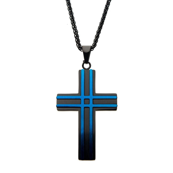Matte Black & Blue IP Layer Cross Pendant with Chain