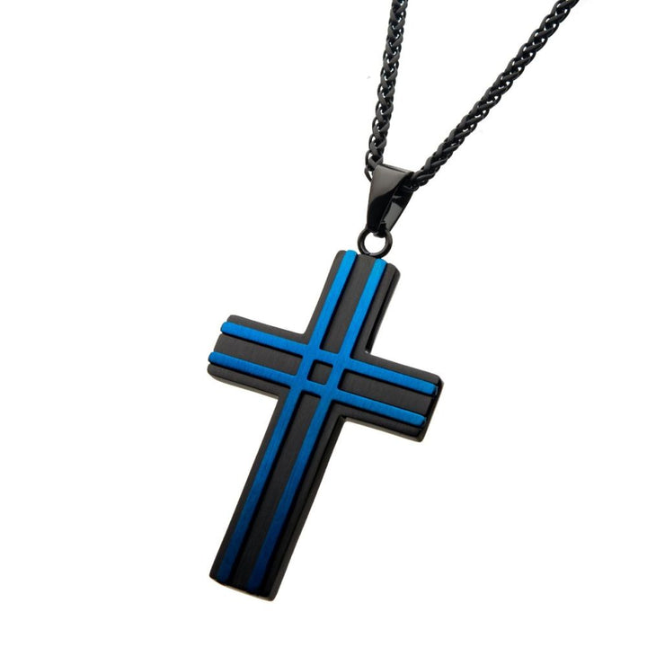 Matte Black & Blue IP Layer Cross Pendant with Chain