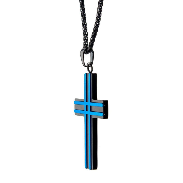 Matte Black & Blue IP Layer Cross Pendant with Chain