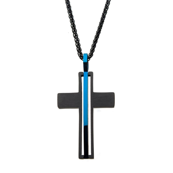Matte Black IP with Thin Blue Line Pendant with Chain