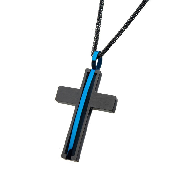 Matte Black IP with Thin Blue Line Pendant with Chain