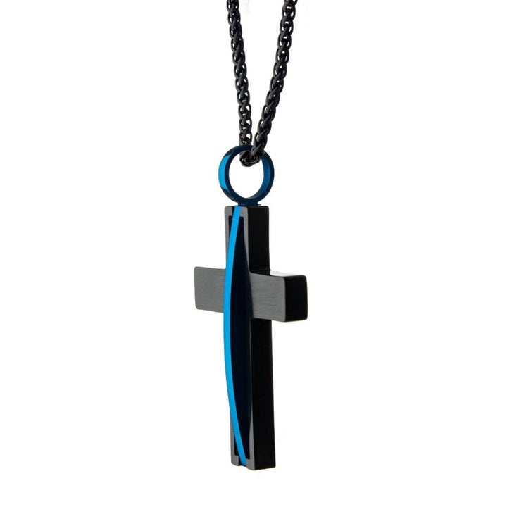 Matte Black IP with Thin Blue Line Pendant with Chain
