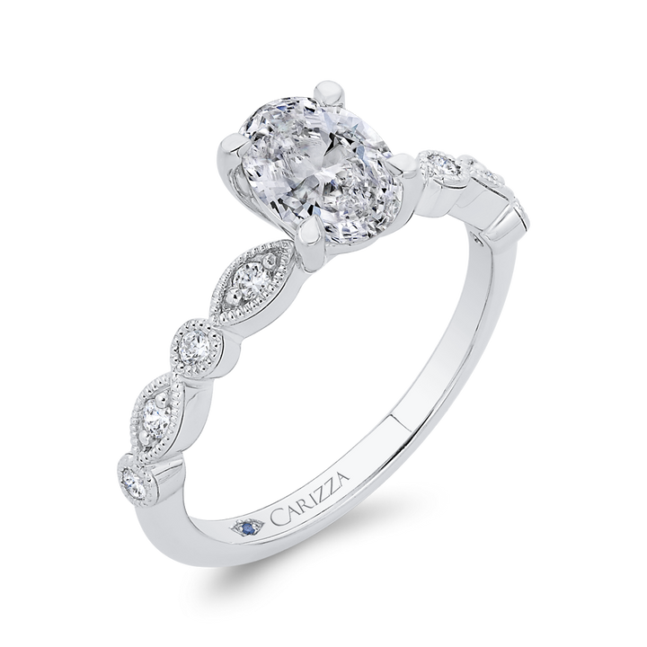 14K White Gold Straight Oval Diamond Semi-Mount Ring .13CTW.