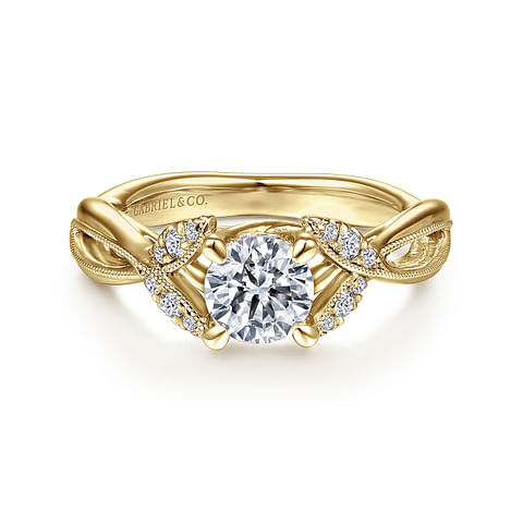 14K Yellow Gold Floral Twist Round Diamond Semi-Mount Ring .14CTW.
