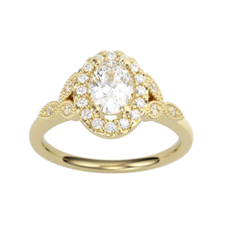 14K Yellow Gold Floral Halo Oval Diamond Semi-Mount Ring .15CTW.