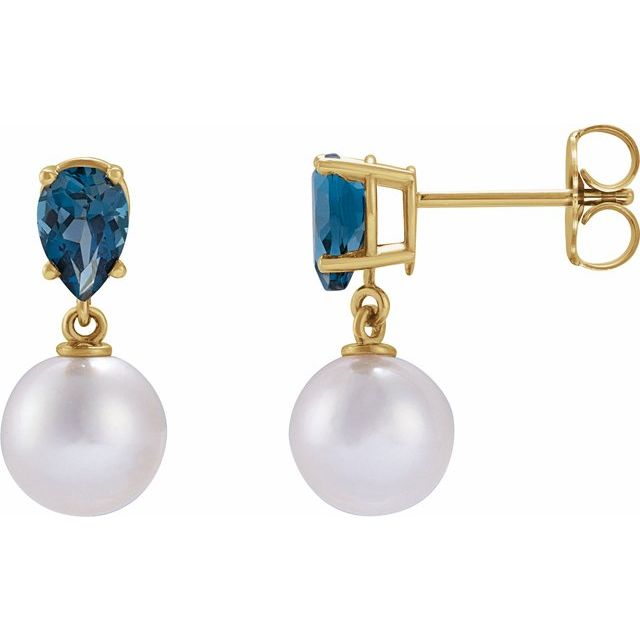 14K Yellow Gold Akoya Pearl and Blue Topaz Earrings