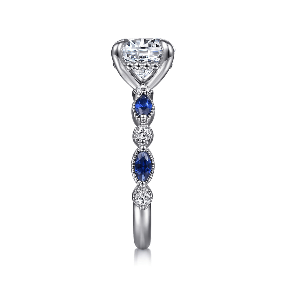 14K White Gold Accented Vintage Round Diamond and Sapphire Semi-Mount Ring 0.15CTW.