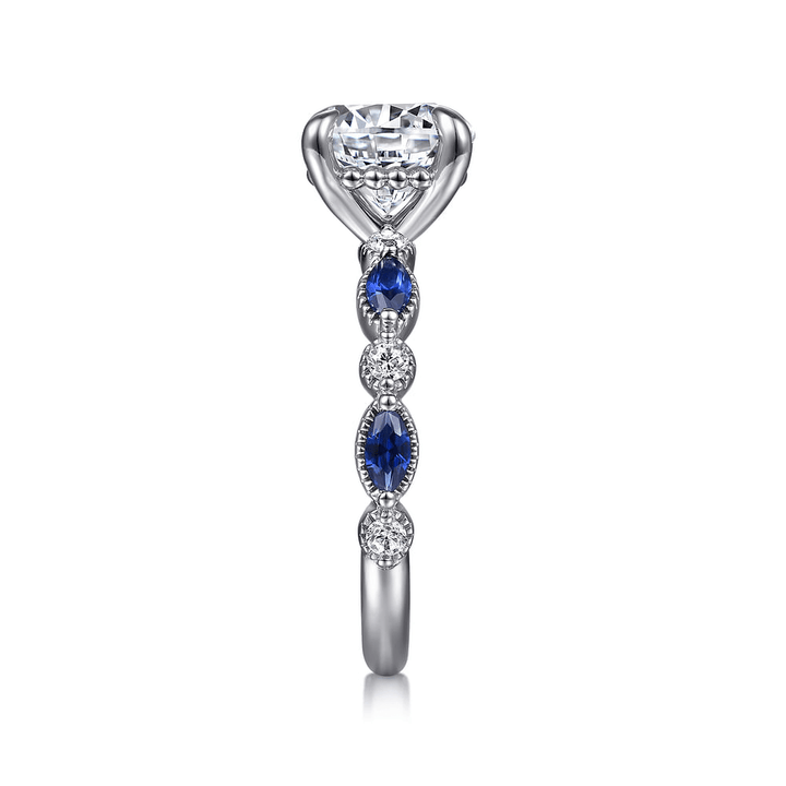14K White Gold Accented Vintage Round Diamond and Sapphire Semi-Mount Ring 0.15CTW.