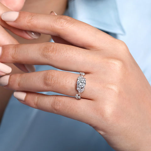 14K White Gold Floral Round Diamond Semi-Mount Ring .16CTW.