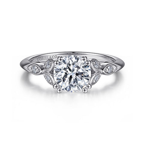 14K White Gold Floral Leaf Round Diamond Semi-Mount Ring .07CTW.