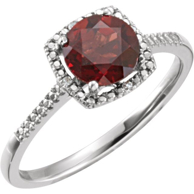 Sterling Silver 7 mm Mozambique Garnet & Diamond Halo Ring (0.01 ctw)