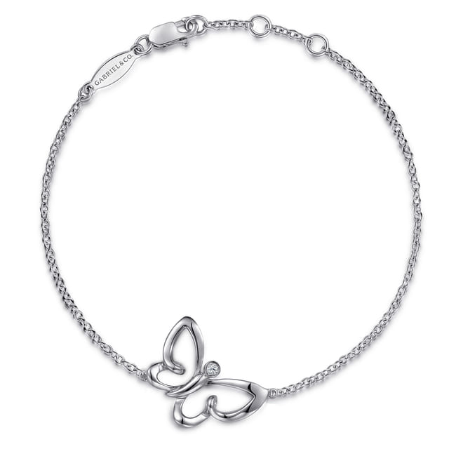 Sterling Silver Chain Bracelet With White Sapphire Butterfly Charm