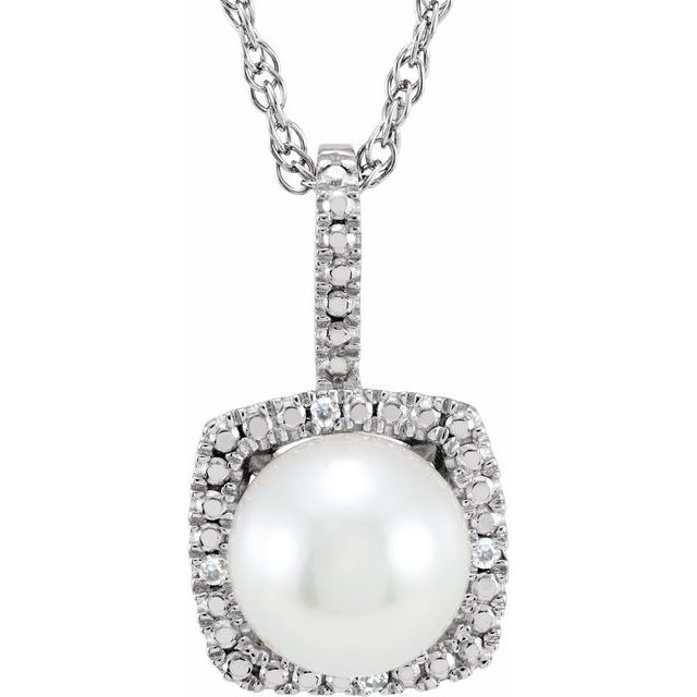 Sterling Silver Freshwater Pearl & Diamond Halo Necklace (0.015 ctw)