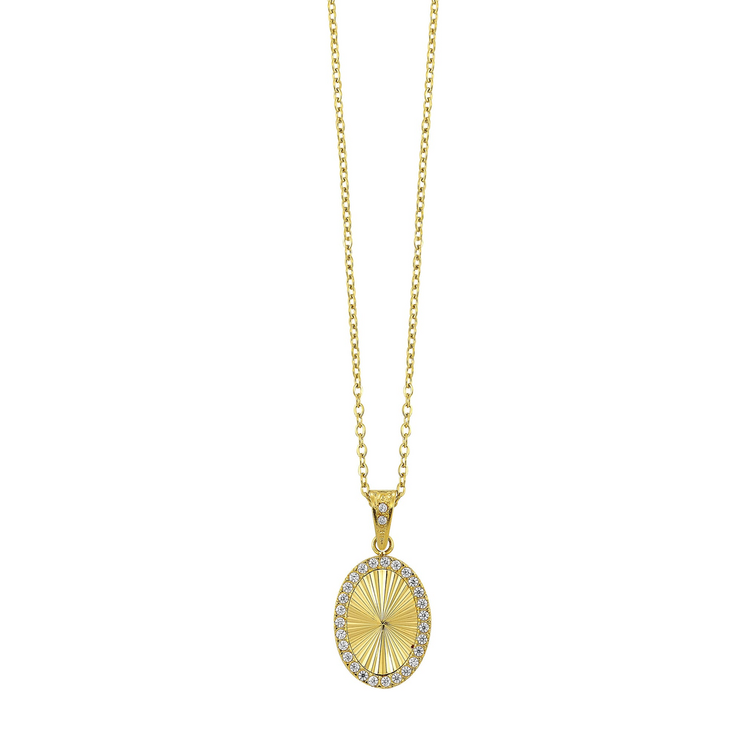 Stainless Steel Gold Plated Cubic Zirconia Fluted Oval Pendant