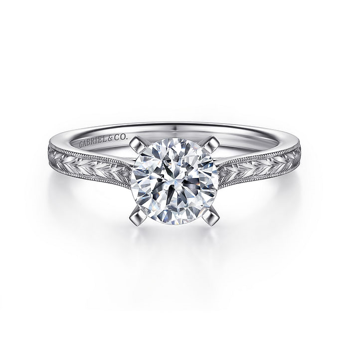 14K White Vintage Straight Round Diamond Semi-Mount Ring