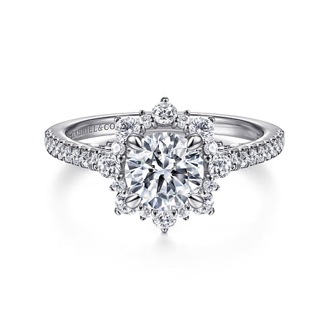 14K White Gold Accented Halo Round Diamond Semi-Mount Ring CTW.
