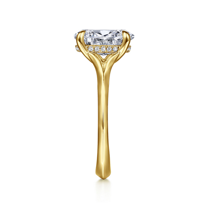 14K Yellow Gold Solitaire Hidden Halo Oval Diamond Semi-Mount Ring 0.07CTW.