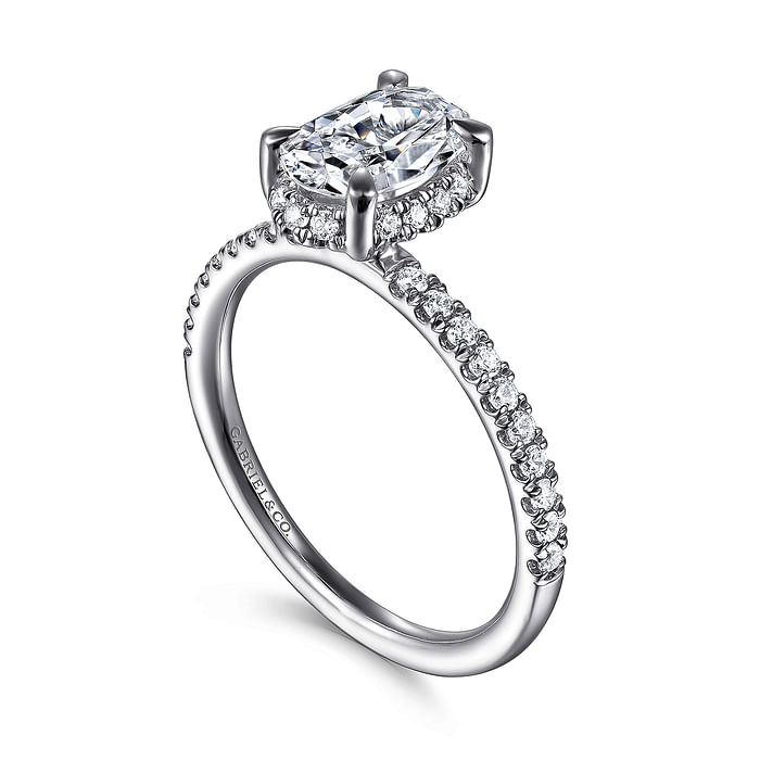 14K White Gold Accented Hidden Halo Oval Diamond Semi-Mount Ring 0.28CTW.
