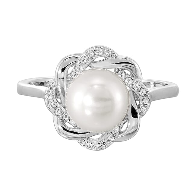 Sterling Silver Pearl & Twisted Halo Fashion Ring