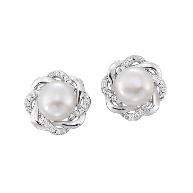 Sterling Silver Pearl & Twisted Halo Stud Earrings
