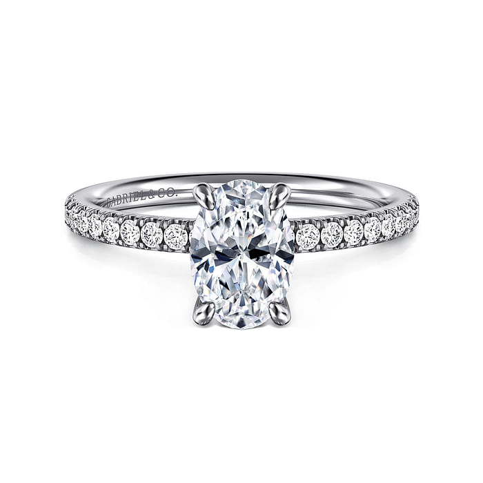 14K White Gold Straight Accented Oval Diamond Semi-Mount Ring 0.19CTW.