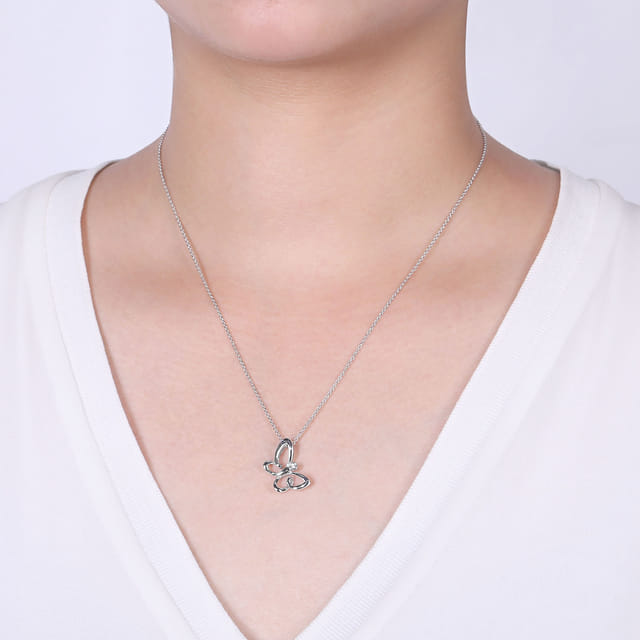 18 inch Sterling Silver White Sapphire Sideways Butterfly Pendant Necklace