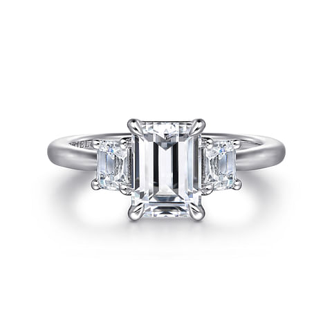 14K White Gold 3 Stone Emerald Diamond Semi-Mount Ring .48CTW.