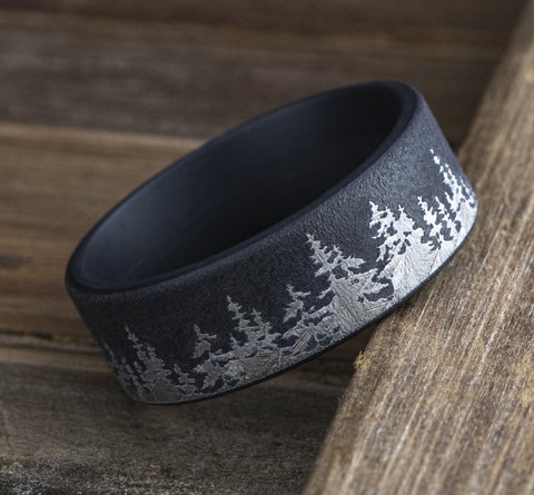 Dark Gray Tantalum Treeline Pattern Comfort Fit 8mm Wedding Band