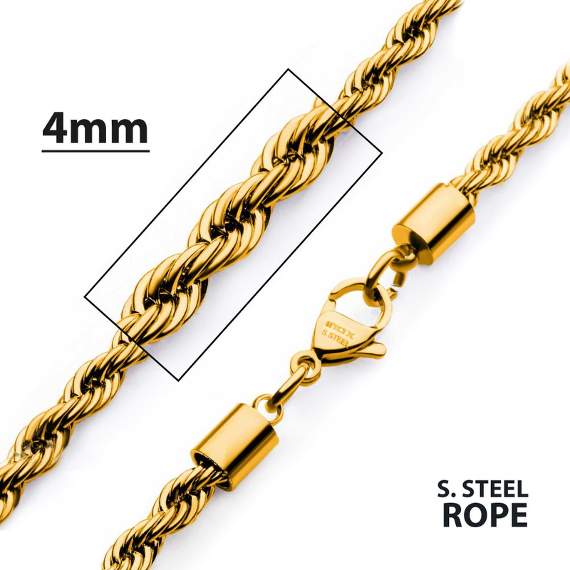 4mm 18K Gold Ion-Plated Rope Chain Necklace (20 Inch)