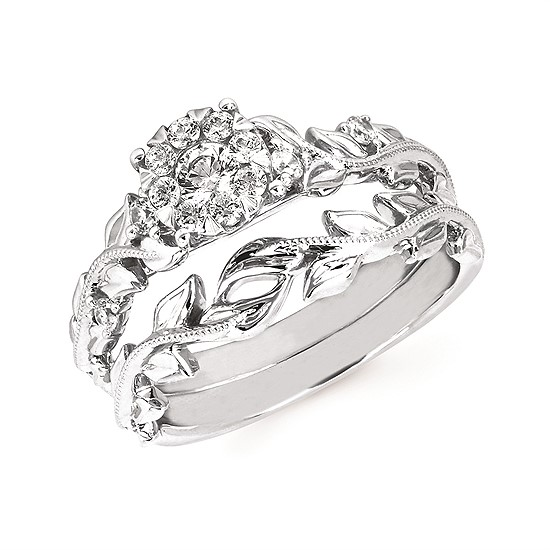 14K White Gold Floral Leaf Wedding Band