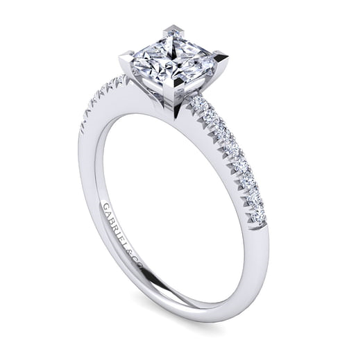 14K White Gold Straight Accented Princess Diamond Semi-Mount Ring CTW.