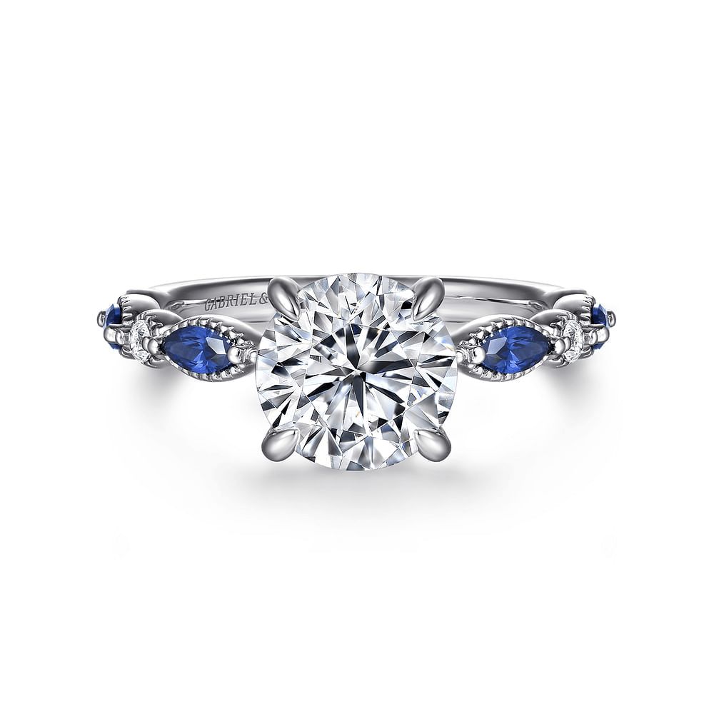14K White Gold Accented Vintage Round Diamond and Sapphire Semi-Mount Ring 0.15CTW.