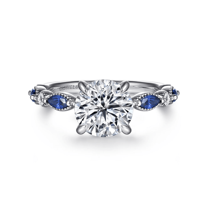 14K White Gold Accented Vintage Round Diamond and Sapphire Semi-Mount Ring 0.15CTW.