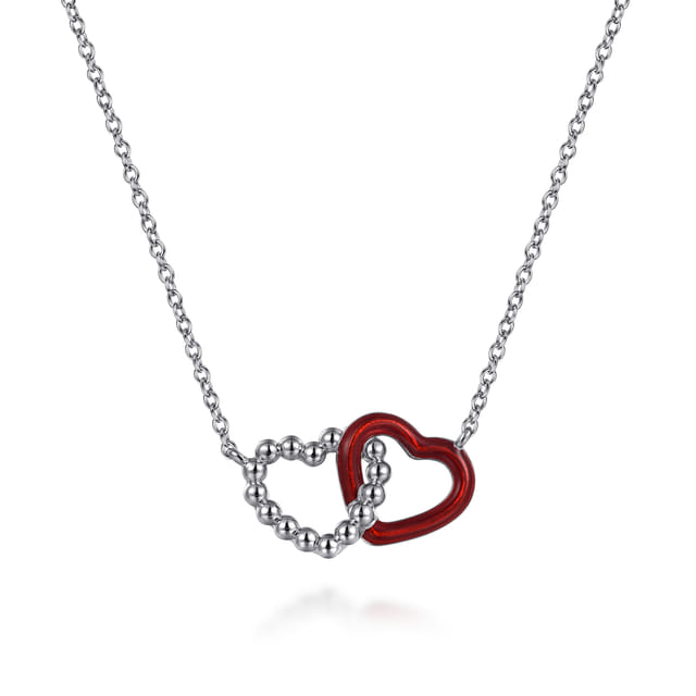 Sterling Silver Double Heart Pendant Necklace with Chrome Red Enamel