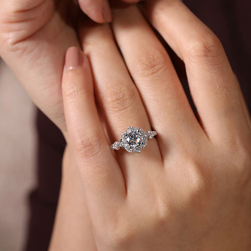 14K White Gold Vintage Halo Round Diamond Semi-Mount Ring .34CTW.